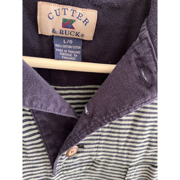Cutter Buck Mens L Polo Shirt Golf Casual Short Sleeves Blue Green Stripes - Picture 2 of 4